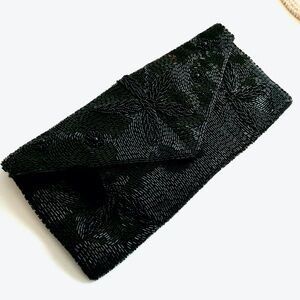 Vintage John Wind Japan Black Seed Bead Beaded Clutch Bag Purse Party Cocktail